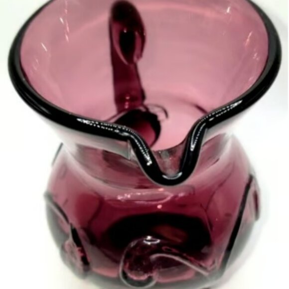 Vtg 1960s Mid-Century Amethyst Purple Rainbow Art Glass Lilypad Scroll Pitcher - Picture 2 of 4